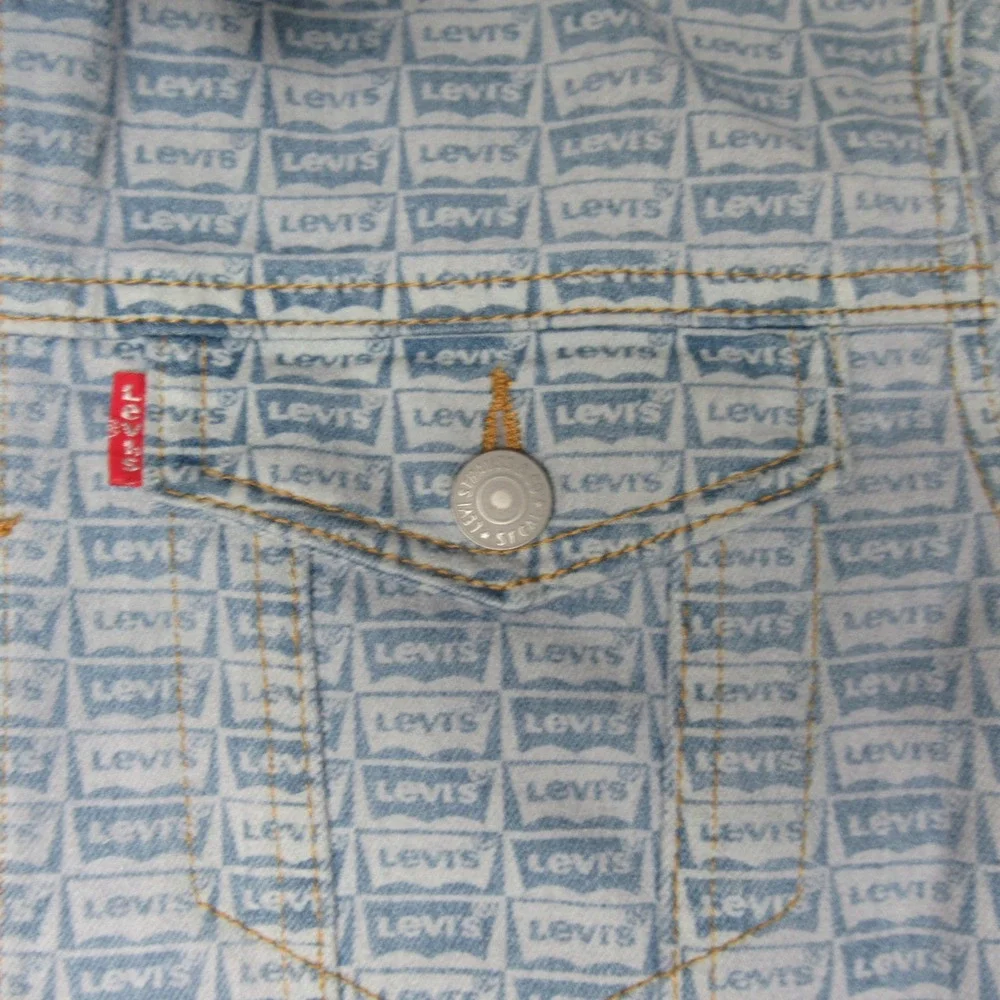 Levis Denim Jacket Kids‎ Medium 10-12 Blue All Over Print Logo Trucker Jean NEW